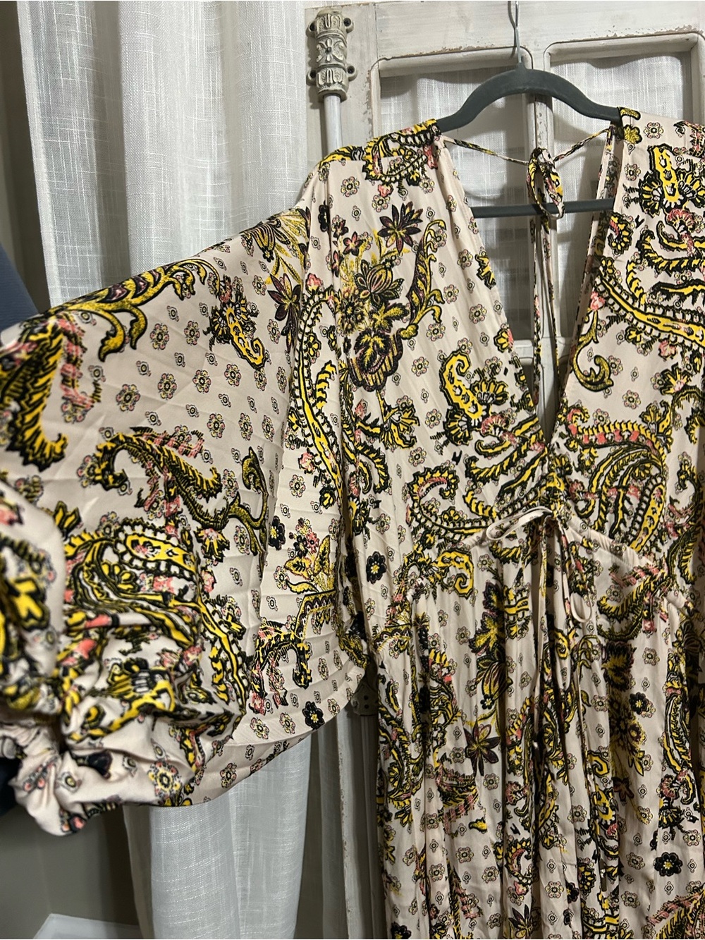 FREE PEOPLE Arzel Mini Dress Paisley V-Neck Boho Pleated Fairycore Magic Large - Picture 5 of 10